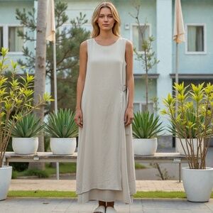 Doe & Rae Minimalist neutral overlay dress with side buckle detail — Size S